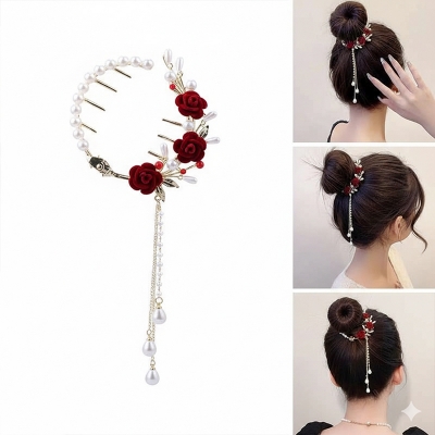 Picture of Understated -Craftsmanship and Trendy -Korean Crystal Rhinestone Butterfly Pearl Tassel Hairpin For Women- Progressively Better