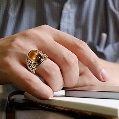 Picture of Bohemian style huge Browan stone vintage jewelry titanium steel ring neutral ring jewelry