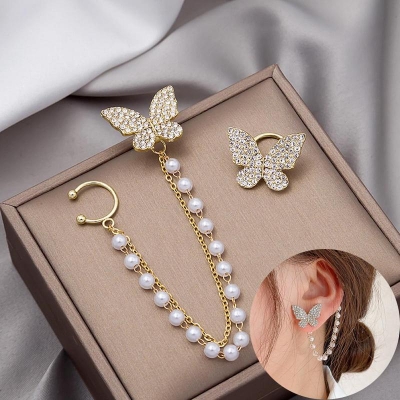 Picture of Cute Rhinestone Butterfly Stud Earrings/One Ear Clip Metal Chain