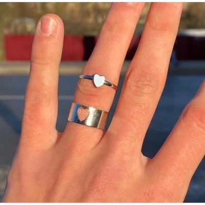 Picture of LOVE King & Queen Couple Ring Set In Titanium Hart Colour  - siliver