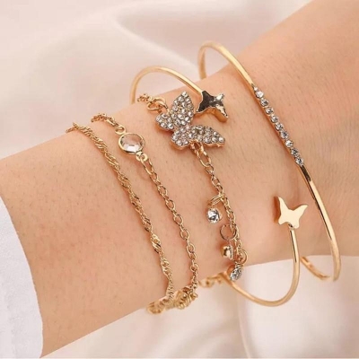 Picture of New Golden Pearl Crystal Butterfly Bracelet Set For Women