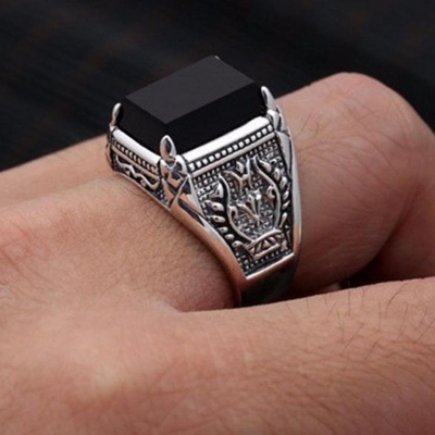 Picture of Stainless Steel Black Natural Stone Mens Finger Ring - Ring For Men - Ring For Men