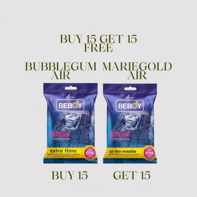 Picture of Beboy Extra Time Air Thin Invisible Condom (BubbleGum Flavour) Pocket Pack- 3Pcs(India) & Beboy Extra Time Air Thin Invisible Condom (Litchi Flavour) Pocket Pack- 3Pcs(India)