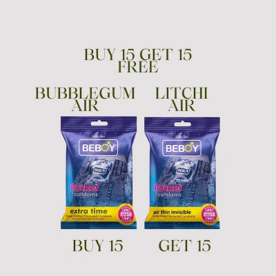 Picture of Beboy Extra Time Air Thin Invisible Condom (Jasmine Flavour) Pocket Pack- 3Pcs(India) & Beboy Extra Time Super Big Dotted Condom (Oud Flavour) Pocket Pack- 3Pcs(India)