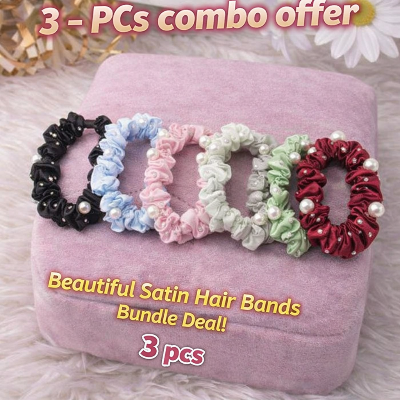 Picture of Luxury Satin & Pearl Scrunchies  Handmade Premium Hair Ties 3 pcs combo