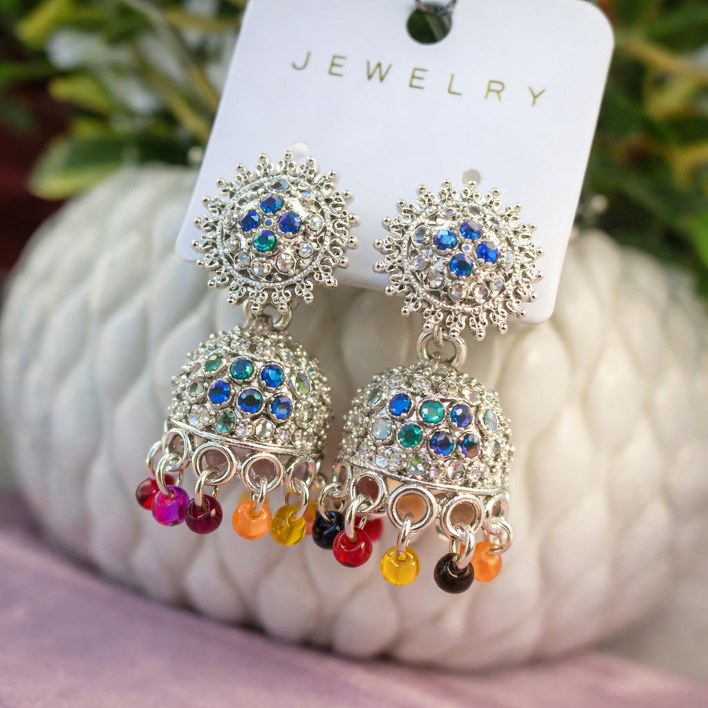 Picture of - Classic Indian Style Silver Earrings with Blue Rhinestones, Dome Design, and Multicolor Beads – Fashion Jewelry for Women