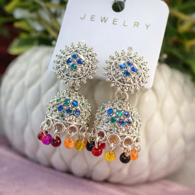 Picture of - Classic Indian Style Silver Earrings with Blue Rhinestones, Dome Design, and Multicolor Beads – Fashion Jewelry for Women