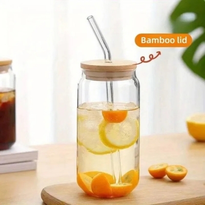 Picture of 350ml Glass Cup with Lid and Straw Transparent Bubble Tea Cup Juice Glass Beer Can Milk Mocha Cups Breakfast Mug Drinkware