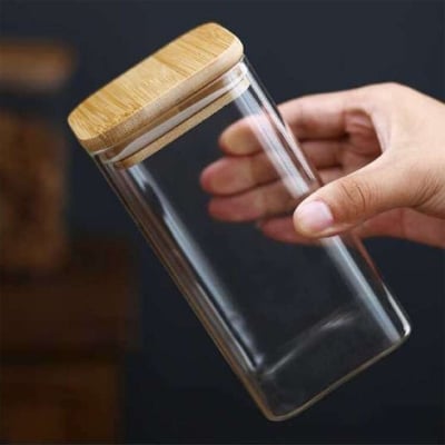 Picture of Square Airtight Glass Jars 1PC Container with Bamboo Lid for Kitchen Food Snack Seasoning Pasta Storage Bottle Seal Glass Container