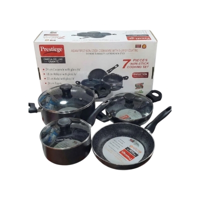 Picture of Prestiege Granite Coated 7 Pcs Induction Cookware Set For Superior Release -1Pc Casserol, 1Pc Fry pan, 1Pc Karai, 1Pc Milk pan and 3 lids Gift And Home Use