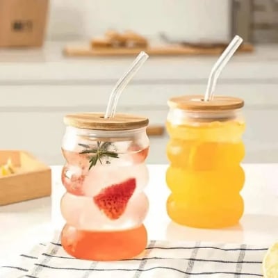 Picture of 480ml Creative Ripple Glass Cup with Bamboo Lid & Straw Heat Resistant Vintage Style Transparent