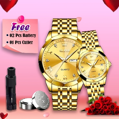 Picture of Butter Fly Lock Olievs Stainless Steel fashionable Couple watches +1pcs chain cutter+ 2 pcs battery Golden