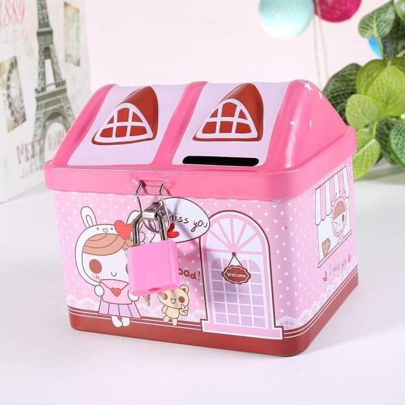 Picture of House Shaped Metal Coinbox with Lock & Key – Cute Tin Piggy Bank (Pink & Blue)
