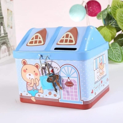 Picture of House Shaped Metal Coinbox with Lock & Key – Cute Tin Piggy Bank (Pink & Blue) - Blue