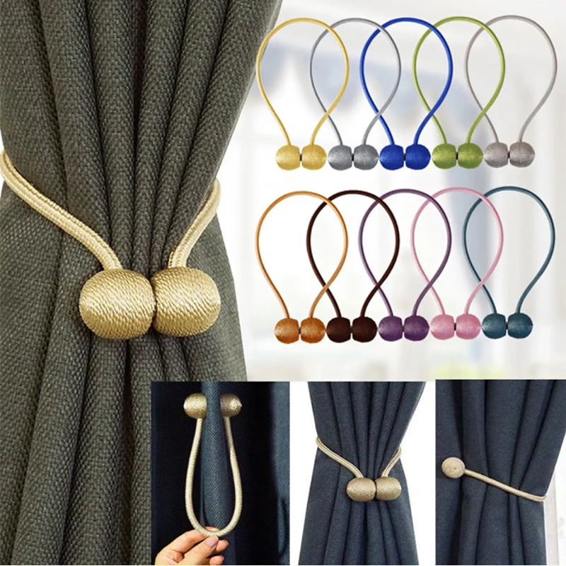 Picture of Hook Holder 2 Pcs Set Magnetic Pearl Ball Curtains Tiebacks Decorative Weave Rope Holdbacks Buckle
