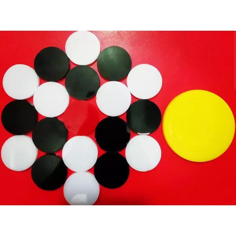 Picture of Carrom Guti ,Carrom Coins With Striker- 9 White & 9 Black Coin and 1 Red Coin With  1 Striker
