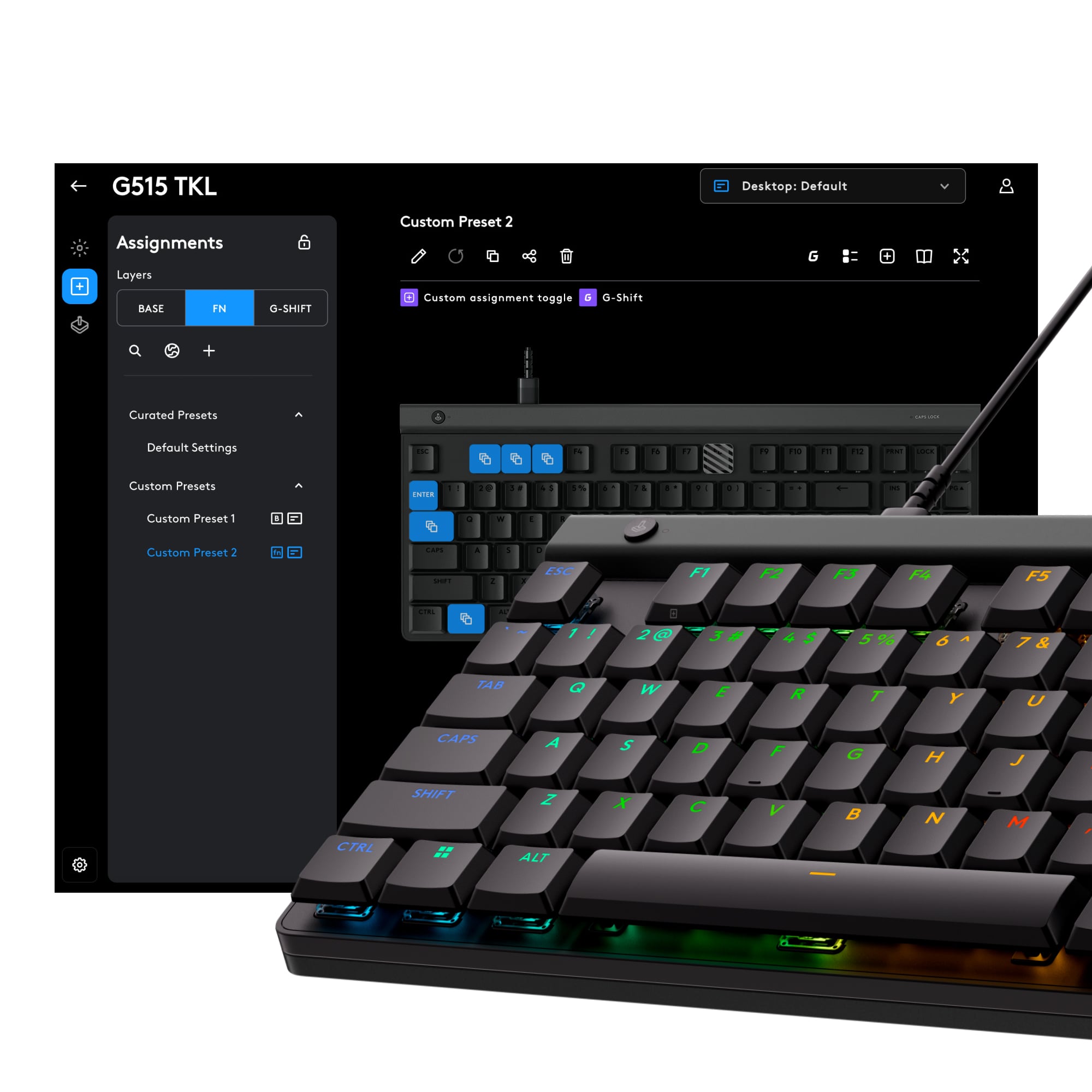 Picture of Logitech G515 TKL Wired Low Profile Gaming Keyboard, Fully Customisable RGB, Double-Shot PBT Keycaps, Tactile/Brown Switches - Black