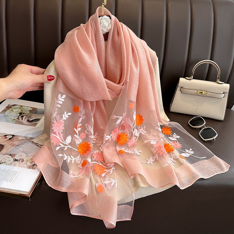 Picture of Soft comfortable Luxury Silk Shawl  Scarf for Women Design Embroidery Flowers Hijab Wraps Bufandas Female Headkerchief Fouloud Echarpe suitable summer