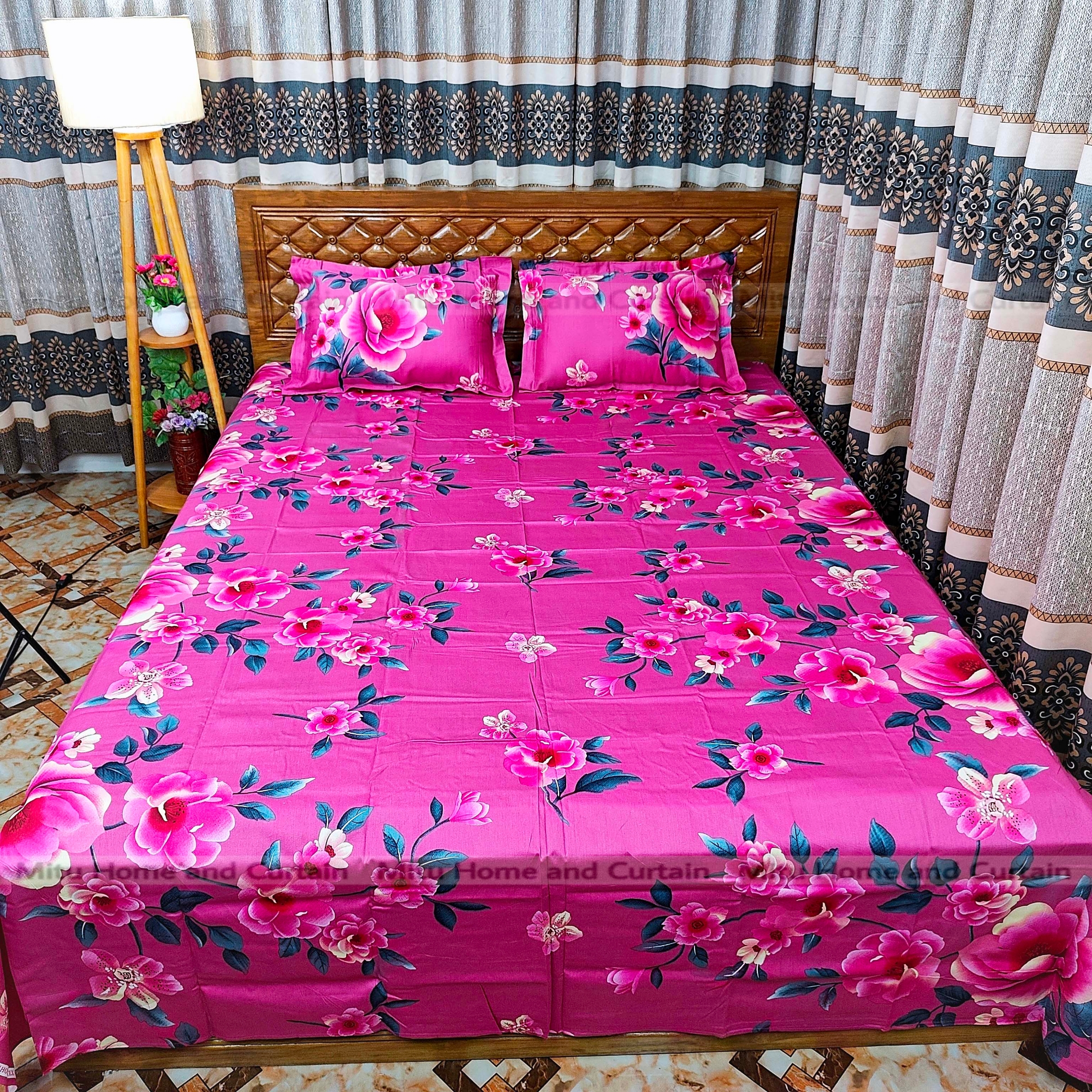 Picture of Primium King size Twill cotton Bedsheet with Pillow cover Chador set twill cotton  7.5×8.25feet Full cotton fabric Green ,  Fluorescent Green  , Cream