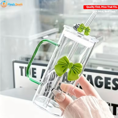 Picture of 350ML Square Mug with Lids and Straws with Bow Water Cup Household Cup Female Milk Coffee Cups with green Handle Gift (Multicolor)