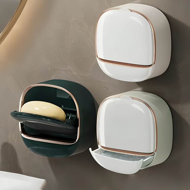 Picture of Soap Holder With Lid Drain Soap Box Punch-Free Flip-Top Soap Dish Creative Waterproof Storage Rack Bathroom Accessories (Multicolor)