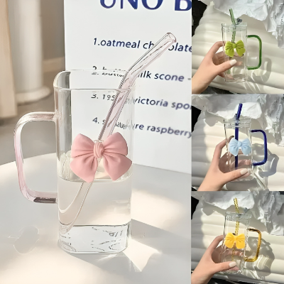 Picture of 350ML Square Mug with Lids and Straws with Bow Water Cup Household Cup Female Milk Coffee Cups with Pink Handle Gift (Multicolor)