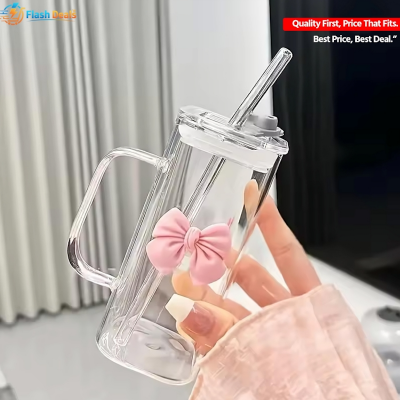 Picture of 350ML Square Mug with Lids and Straws with Bow Water Cup Household Cup Female Milk Coffee Cups with green Handle Gift (Multicolor)