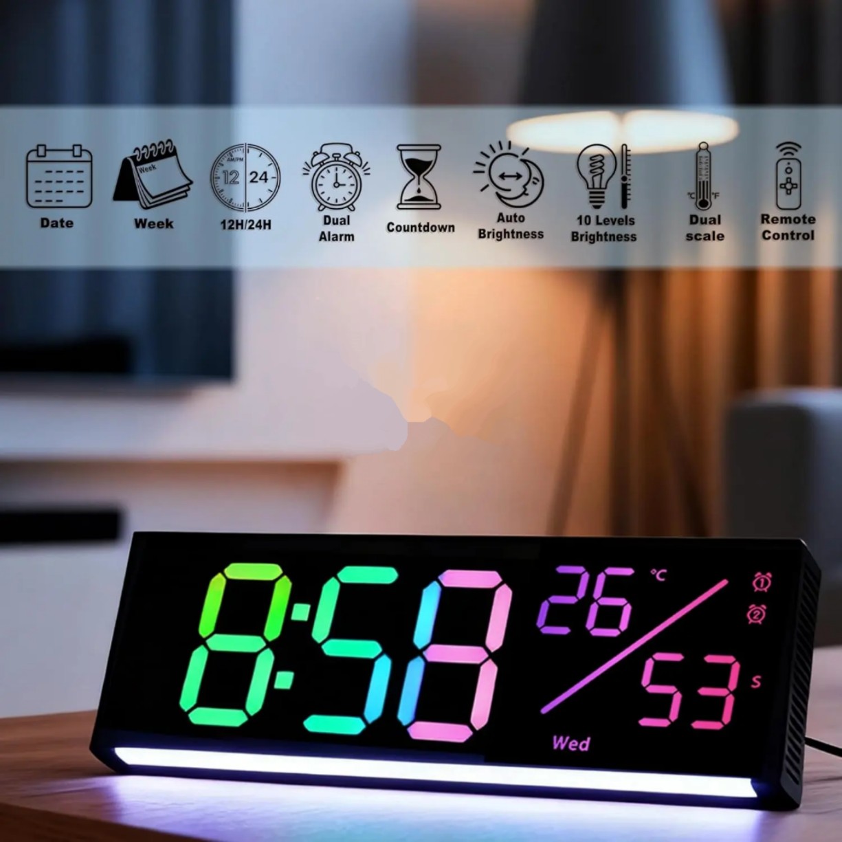 Picture of 11" RGB Digital LED Wall Clock With RGB night light Remote control Alarm Table Clock