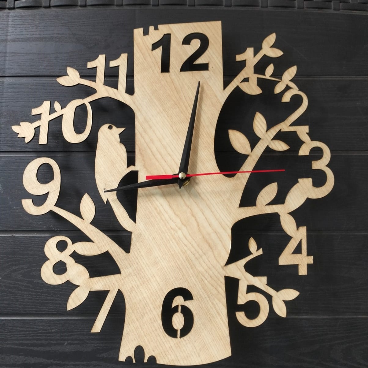 Picture of Wall Clock Tree Birds Shaped  tree with  wooden bird Laser Cut Designer Wooden Wall Clock color wooden and family black by Doob Cart Multicolor