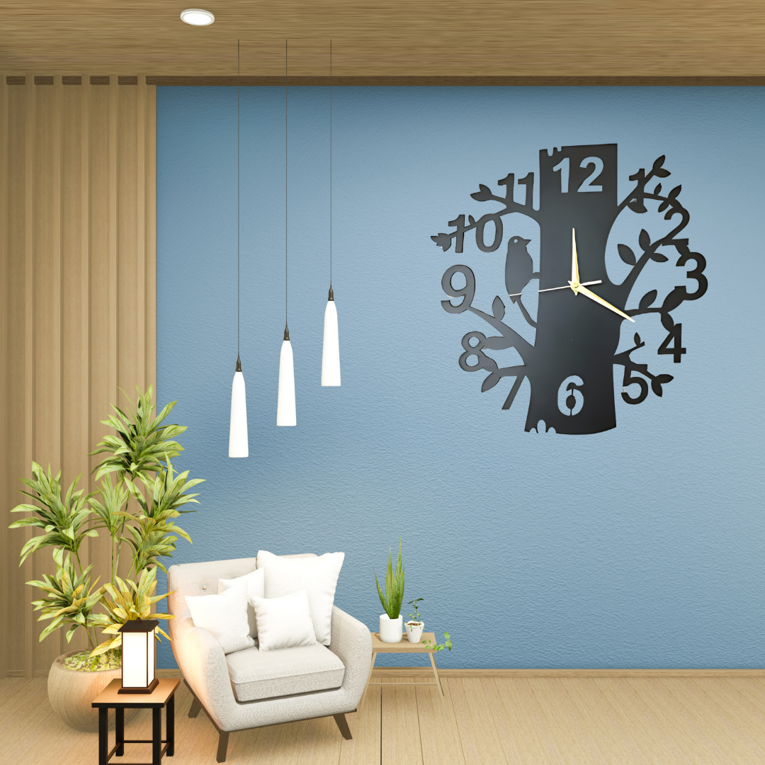 Picture of Wall Clock  Black Tree Birds Shaped Laser Cut Designer Wooden Wall Clock. by Doob Cart Wood