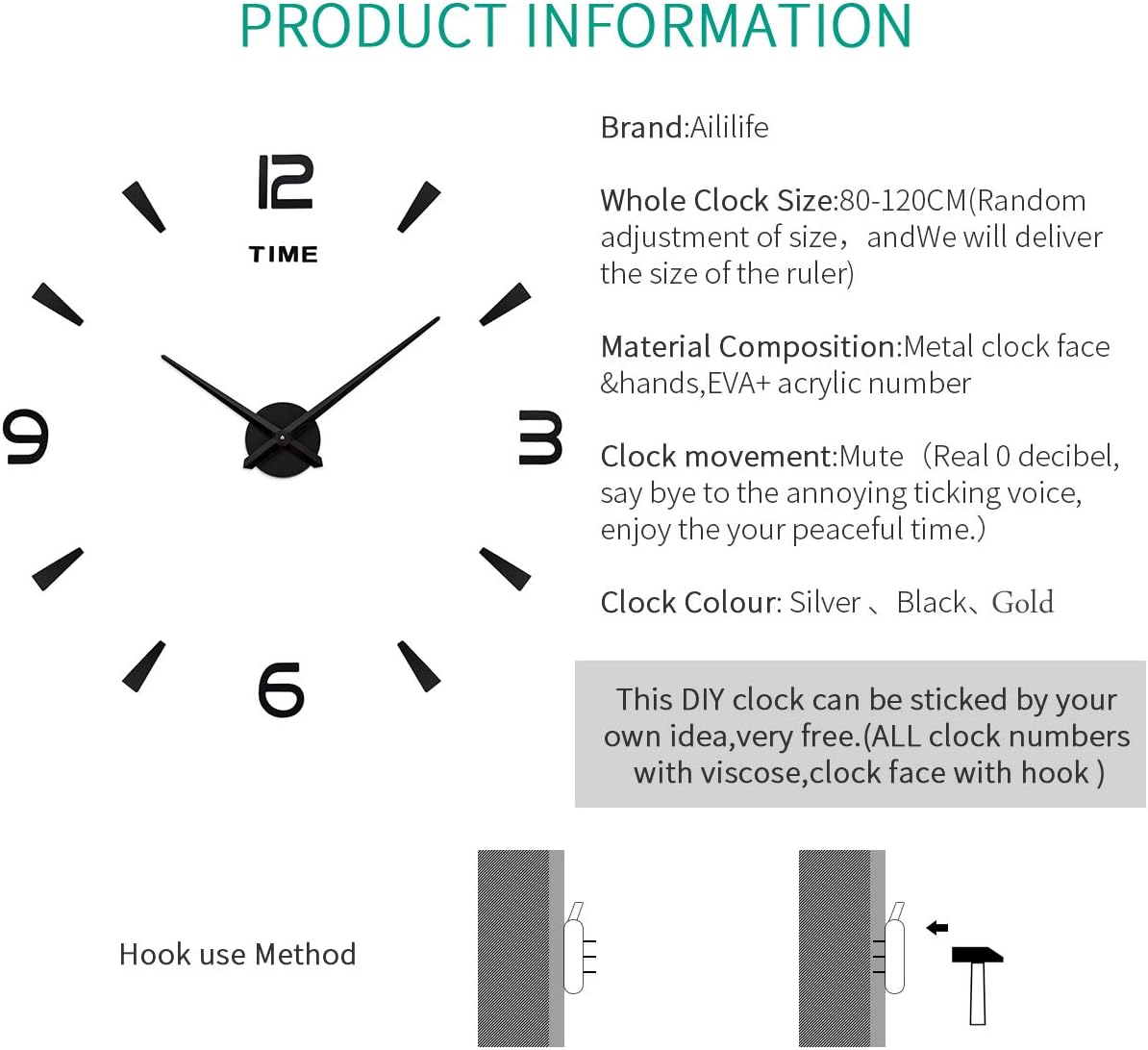 Picture of Luxury Decor 3D DIY Wall Clock,Round Stylish Modern Wall Clock,Battery Operated Non-Ticking Hanging Clocks,for Office,Dining Room,Class Room  30 cm by Doob Cart