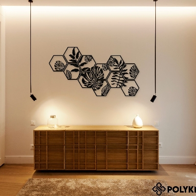 Picture of Monstera Hexagon Wall Art, Tropical Leaf Wall Art, Modern Tropical Plant Wood Wall Decor, Monstera Wall Art, Set of 11 Hexagon Panels (  size -  L 90 cm  * W  30 cm by Doob Cart Black