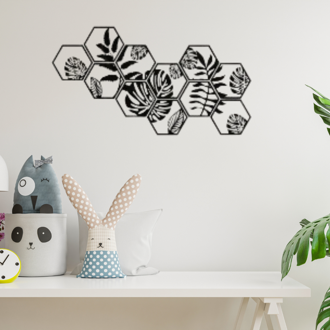 Picture of Monstera Hexagon Wall Art, Tropical Leaf Wall Art, Modern Tropical Plant Wood Wall Decor, Monstera Wall Art, Set of 11 Hexagon Panels (  size -  L 90 cm  * W  30 cm by Doob Cart Black