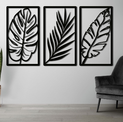 Picture of Tropical Palm Leaf Wall Art Set of 3, Handcrafted Wood Decor, Boho Chic Palm Leaf Decor, Set of 3 Wood Wall Art, Natural Wood Palm Leaf Art by Doob Cart Black