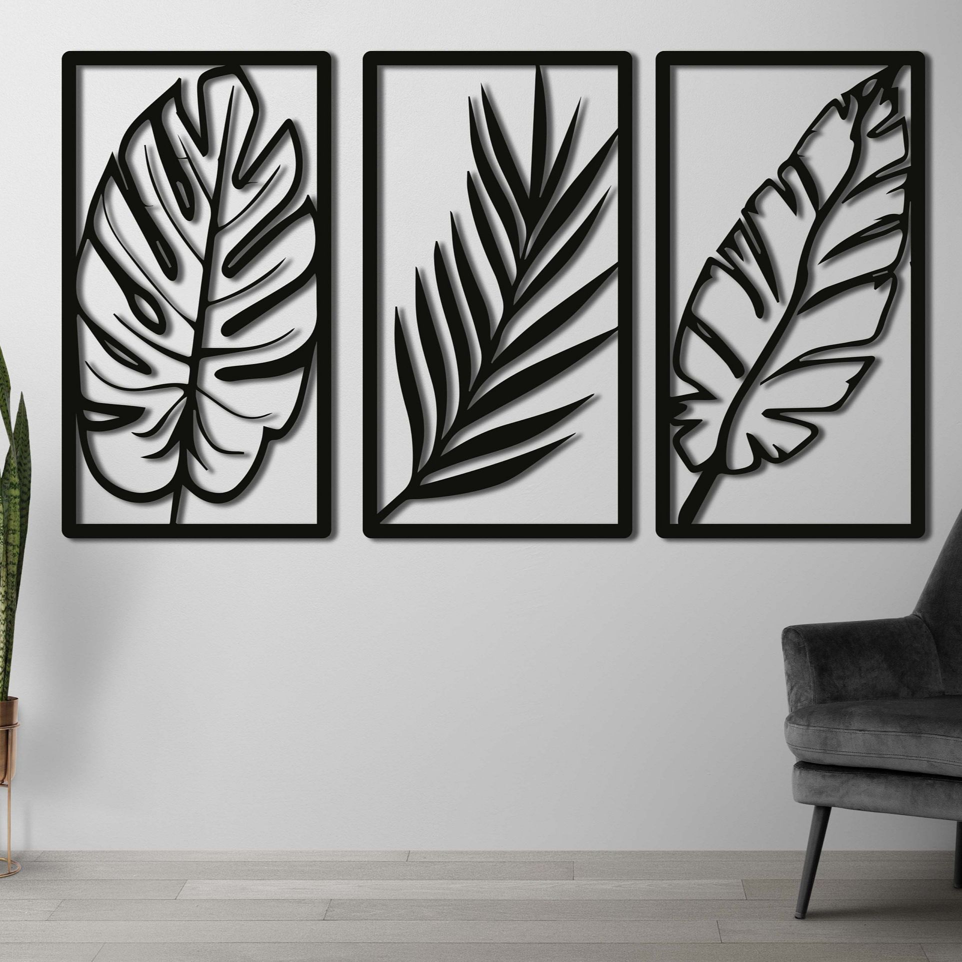 Picture of Tropical Palm Leaf Wall Art Set of 3, Handcrafted Wood Decor, Boho Chic Palm Leaf Decor, Set of 3 Wood Wall Art, Natural Wood Palm Leaf Art by Doob Cart Black