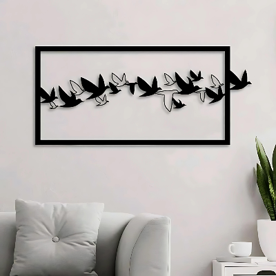Picture of Flying Birds Out of Frame Wood Wall Art, Geometric Flying Birds Out of Box Wall Decor,Family of Birds Wall Hanging for Living room / Size ( 1200*600 mm) by Doob Cart Black