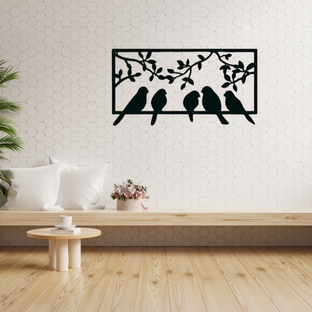 Picture of eco friendly wooden 5 black birds perch gracefully on a branch of the frame,wooden wall art decor , Hanging for Home Decoration / Size ( 1200*600 mm) by Doob Cart Black
