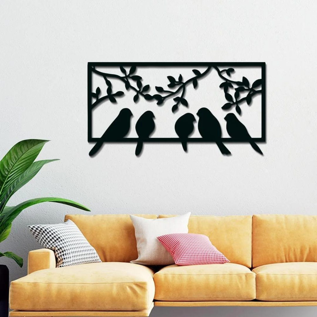 Picture of eco friendly wooden 5 black birds perch gracefully on a branch of the frame,wooden wall art decor , Hanging for Home Decoration / Size ( 1200*600 mm) by Doob Cart Black
