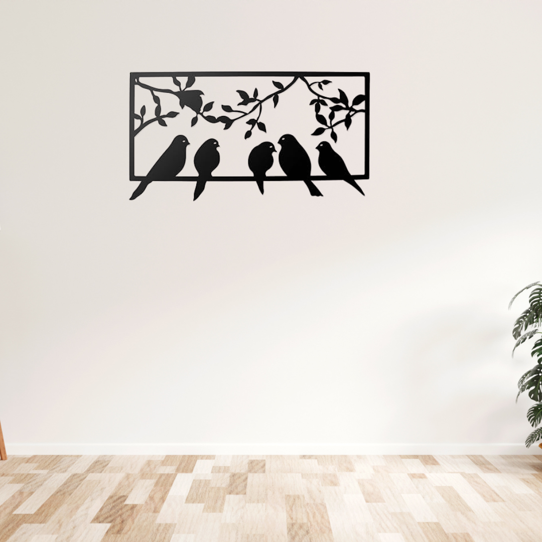 Picture of eco friendly wooden 5 black birds perch gracefully on a branch of the frame,wooden wall art decor , Hanging for Home Decoration / Size ( 1200*600 mm) by Doob Cart Black