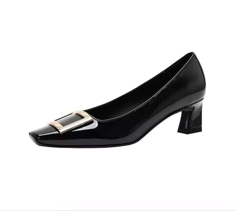 Picture of Spring and Autumn New Classic Square Buckle Chunky Heel Commuter Patent Leather Non-Slip High Heel Wedding Shoes Square Head Four Seasons Leather Pumps Female Fashion