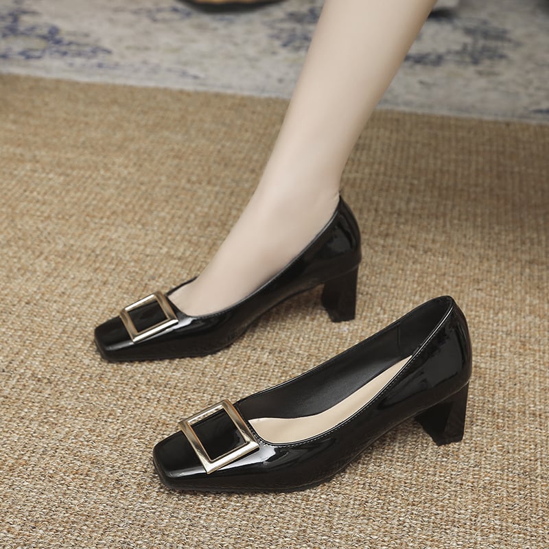 Picture of Spring and Autumn New Classic Square Buckle Chunky Heel Commuter Patent Leather Non-Slip High Heel Wedding Shoes Square Head Four Seasons Leather Pumps Female Fashion