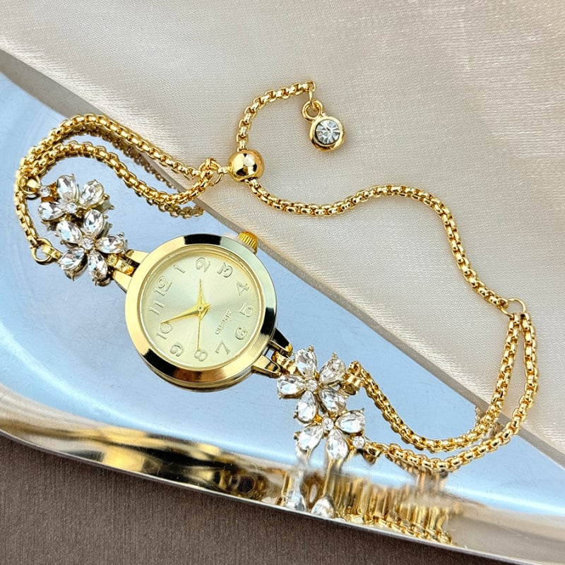 Picture of Live Broadcast Popular New Style Diamond Flower Color Diamond Simple Fashion Pull-Out Bracelet Watch Women