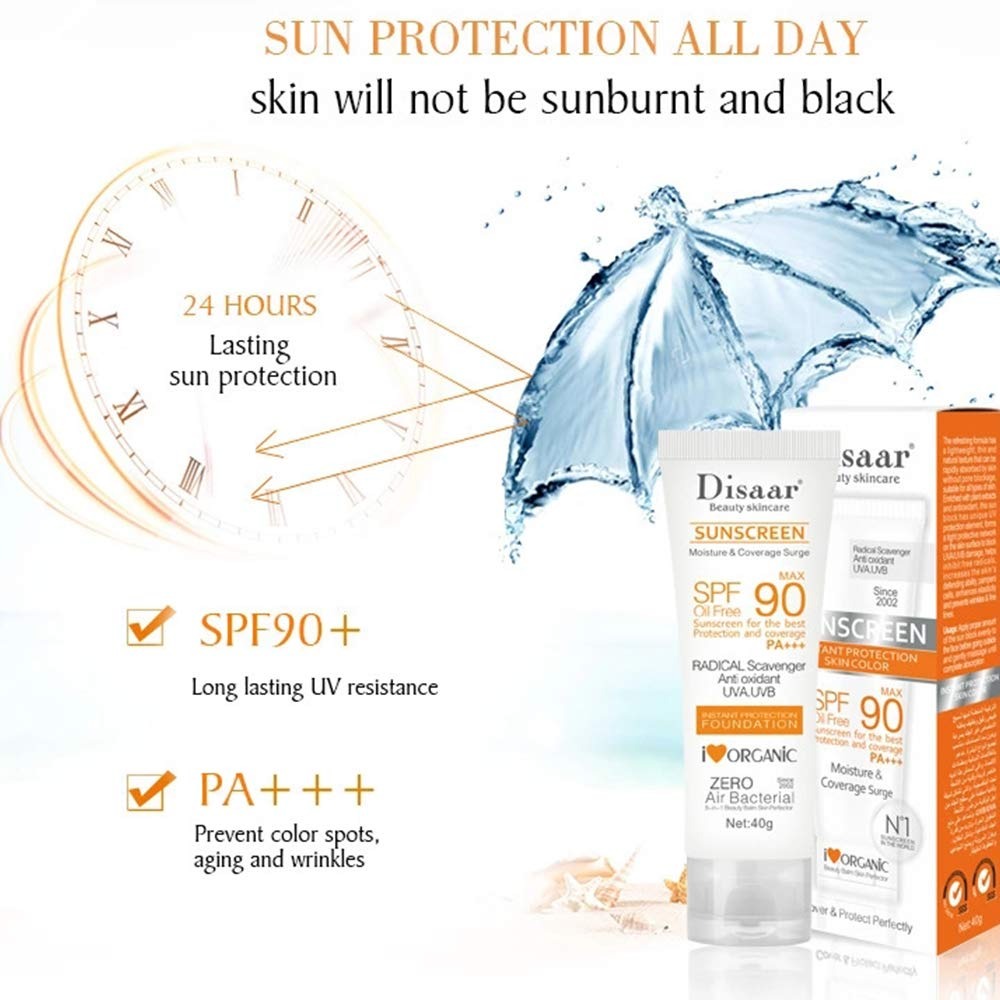 Picture of Disaar Oil Free Sunscreen SPF90 PA+++ Sunscreen Foundation Instant Protection UVA UVB PA+++ Oil Free Sunblock Cover Protect Perfectly Moisturizing Coverage Surge 40g