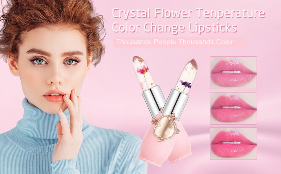 Picture of Crystal Jelly Flower Lipstick, 2 Pcs Flower Jelly Color Changing Lipstick Temperature Color Change Lip Balm Long Lasting Nutritious Moisturizer Lipstick PH Jelly Clear Lip Balm