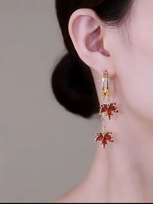 Picture of Fashion Red Maple Leaf Gold Plated Ear Hoop Earrings Dangle Women Jewelry