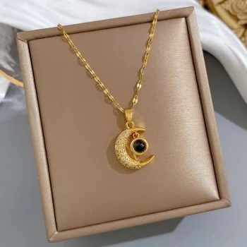 Picture of Colorful Moon Shape Pendant Titanium Steel Necklace for Female