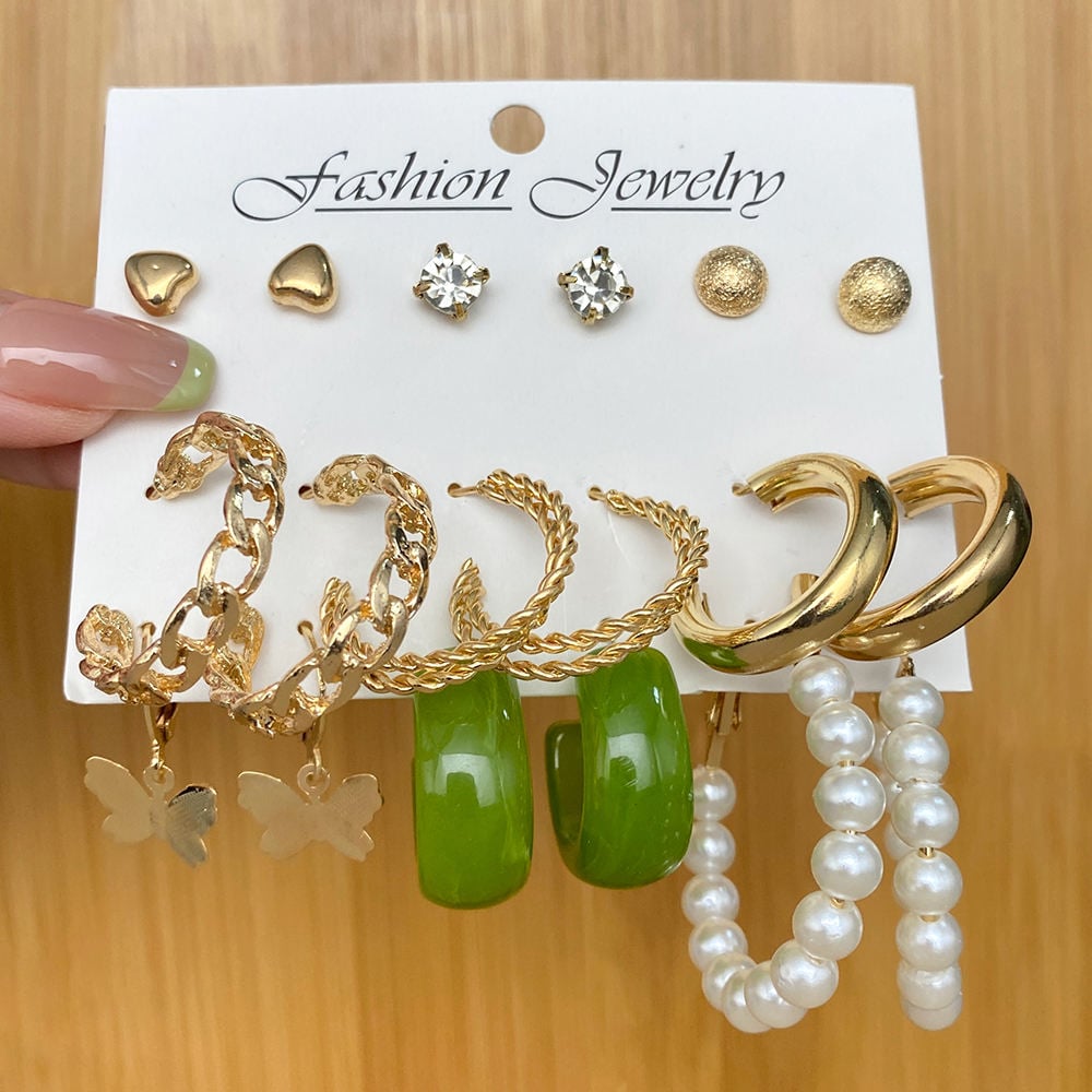 Picture of 9-pair Creative Alloy Earring Snake Sword Mushroom Ear Buckle Set Retro Love Butterfly Ear Hoop Earrings Fashion(Multicolor)