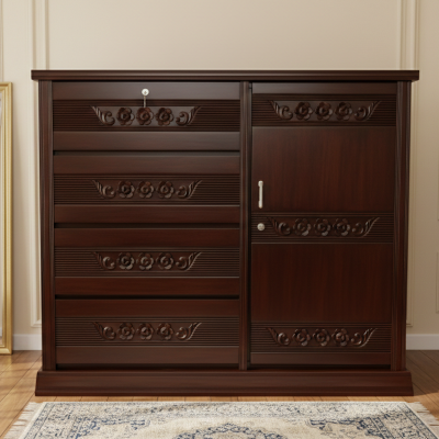 Picture of VOWNER Deco Paint Lacquer Polish Wardrobe, 4 Drawer with 1 Door Cabinet Storage Wardrobe, Closet with Clothes Hanging Rail Bedroom Furniture 48/54