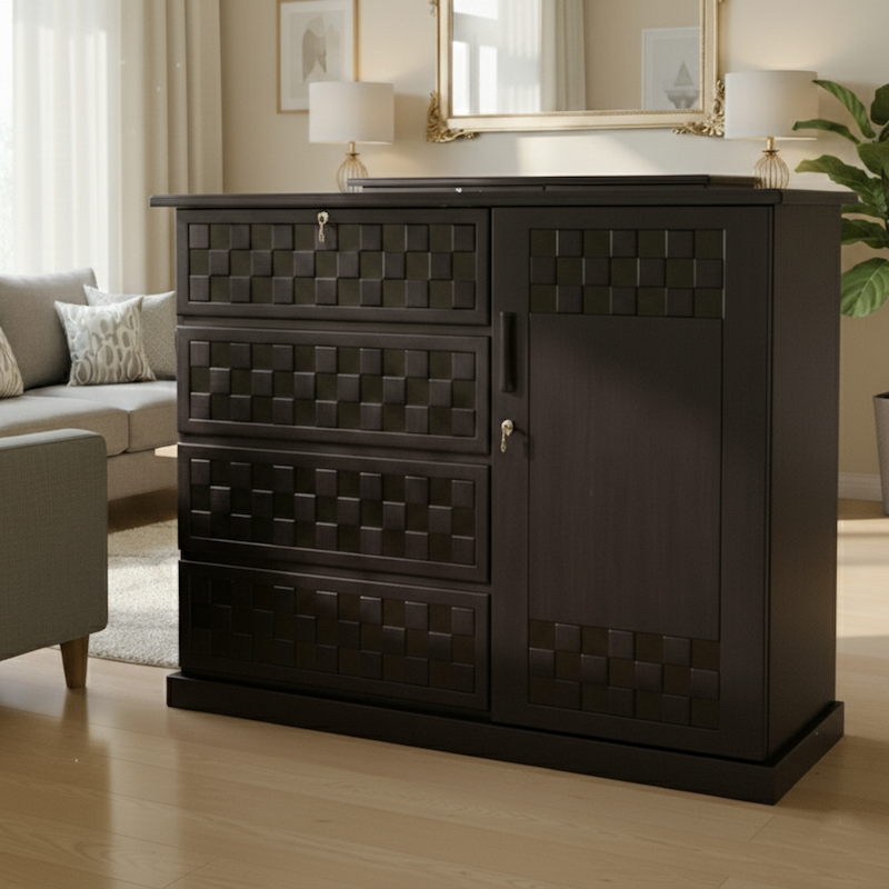 Picture of BYNSOE Deco Paint Lacquer Polish 3D Wardrobe, 4 Drawer with 1 Door Cabinet Storage Wardrobe, Closet with Clothes Hanging Rail Bedroom Furniture 48/54