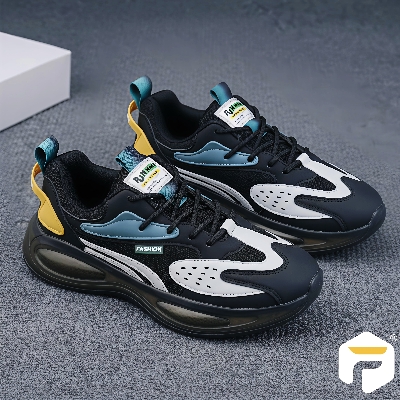 Picture of New Men Casual Sports Sneakers Low Cut Breathable Mesh PU Leather Fashion Shoes - Black